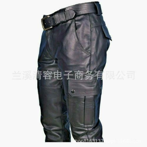 Mens Biker Motorcycle Leather Pants Pockets Straight Leg Windproof PU Trousers L