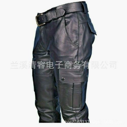 Mens Biker Motorcycle Leather Pants Pockets Straight Leg Windproof PU Trousers L
