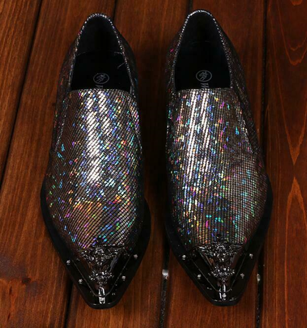 Men Leather Casual Nightclub Shiny Metal Pointy Toe Wedding Dress Business Shoes