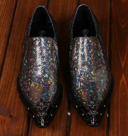 Men Leather Casual Nightclub Shiny Metal Pointy Toe Wedding Dress Business Shoes