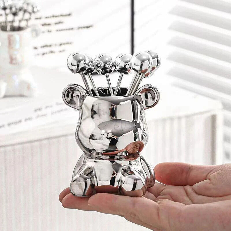 Dessert Forks 6Pcs Stainless Steel Fruit Pick W/ Storage Jar Bear Party Utensils