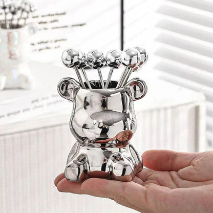 Dessert Forks 6Pcs Stainless Steel Fruit Pick W/ Storage Jar Bear Party Utensils