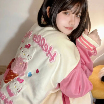 Cute womens Hello Kitty Loose Harajuku Jacket Street pink Baseball Uniform Coat