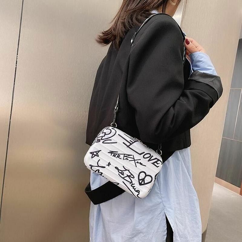 Mini Bag Graffiti Box Shoulder Crossbody Style Fashion Letter Zipper Purse Women