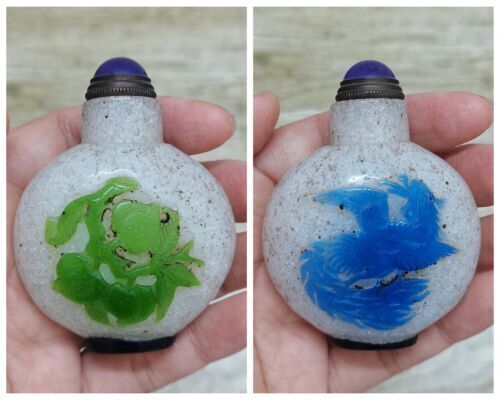 Chinese Old Beijing Glaze Carved Phoenix And Peach Snuff Bottle Collectibles Art