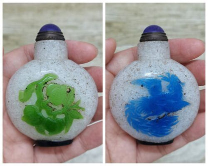 Chinese Old Beijing Glaze Carved Phoenix And Peach Snuff Bottle Collectibles Art