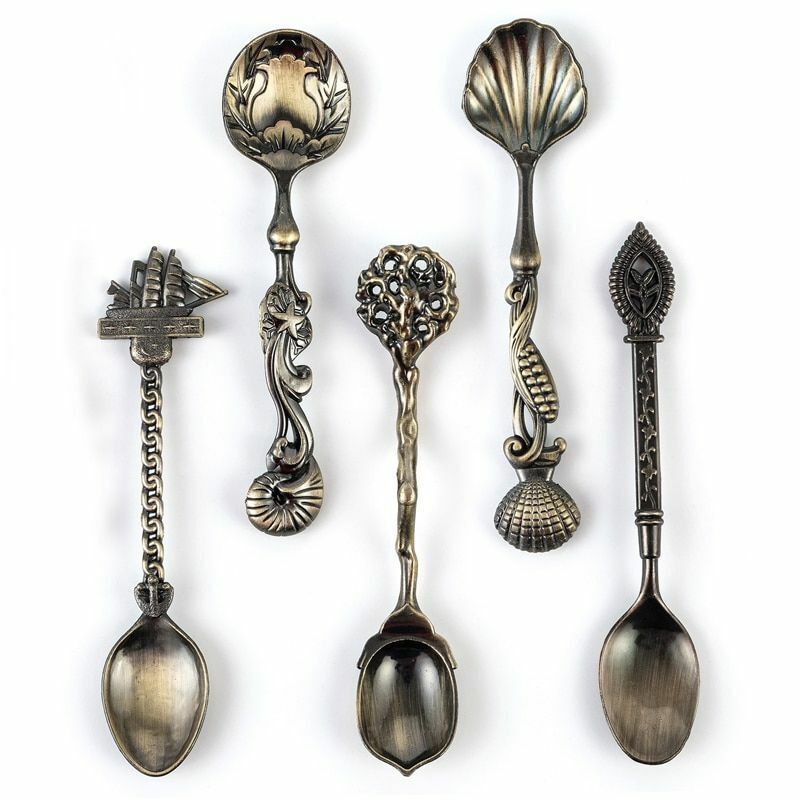 5Pcs/Set Vintage Style Metal Carved Small Mini Coffee Tea Spoon Kitchen Flatware