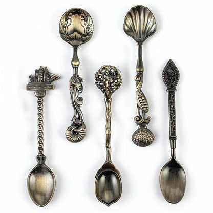 5Pcs/Set Vintage Style Metal Carved Small Mini Coffee Tea Spoon Kitchen Flatware