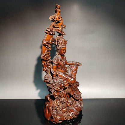 9" chinese boxwood buddha wooden statue antique Free kwan yin carved home decor