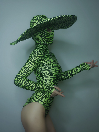 Big Hat Women Nightclub Green Black Zebra Stripes Bodysuit Performance Leotard