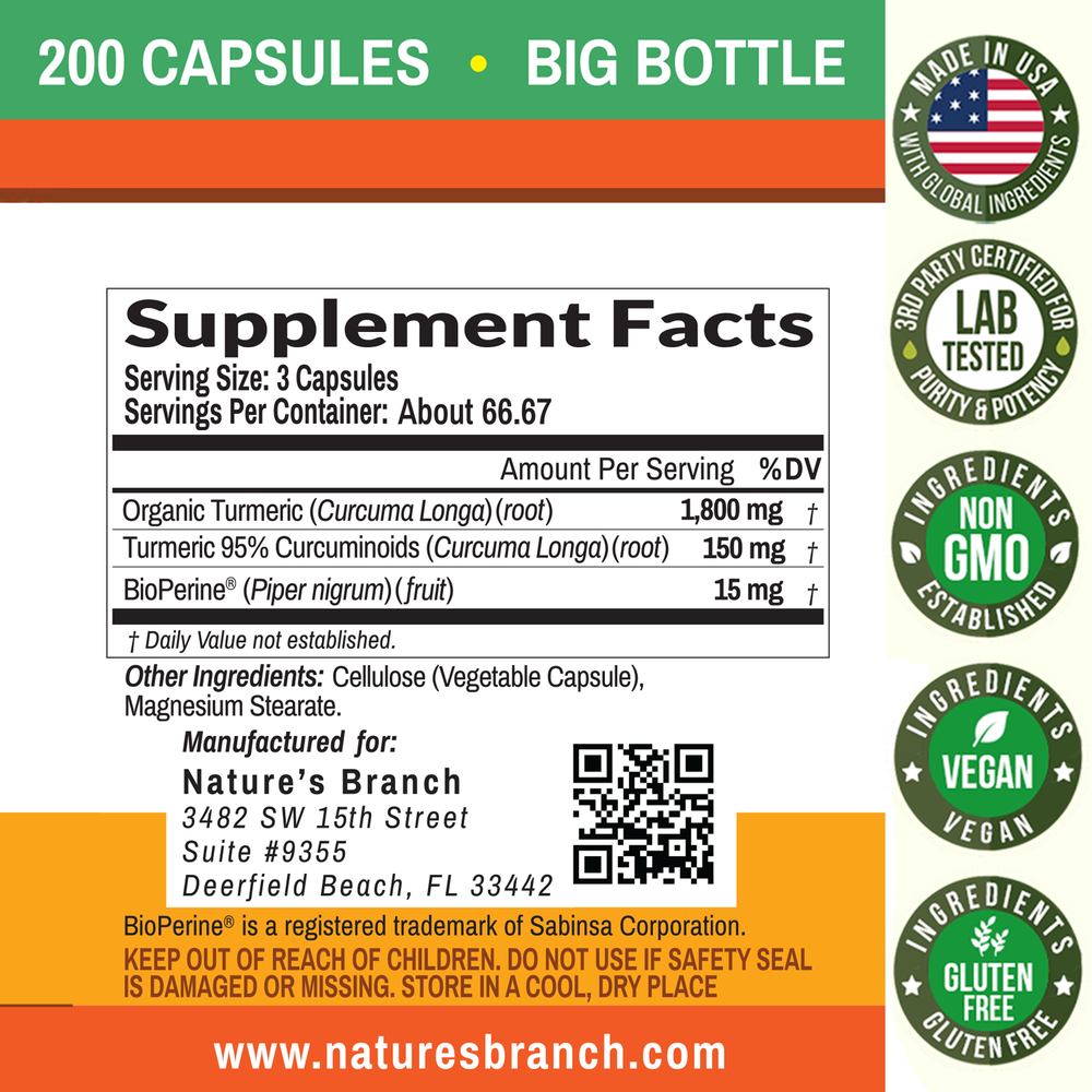 TURMERIC CURCUMIN & BIOPERINE BLACK PEPPER | 1965MG STRENGTH 200 CAPSULES |