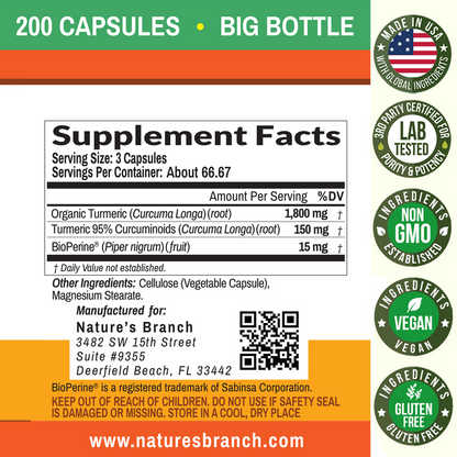 TURMERIC CURCUMIN & BIOPERINE BLACK PEPPER | 1965MG STRENGTH 200 CAPSULES |