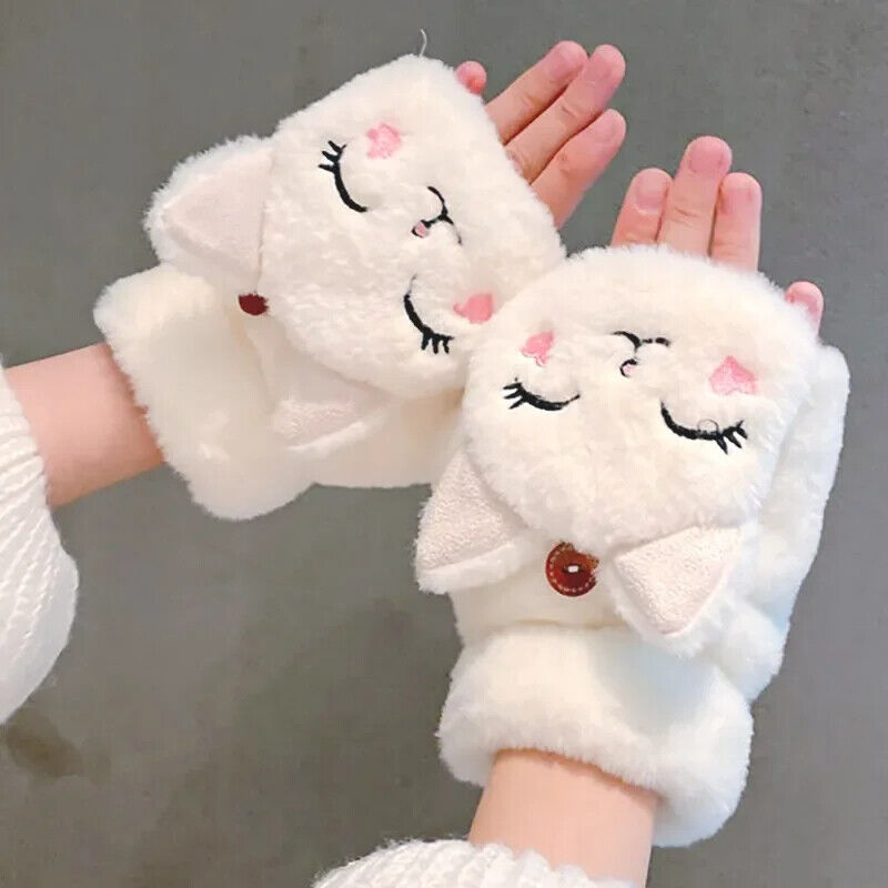 Women Winter Gloves Coral Fleece Half-Finger Style Plush Warm Soft Thick Mittens