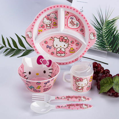 Cute Kids Hello Kitty Breakage-proof Tableware Set Bowl + plate+ Spoon+ Cup Set