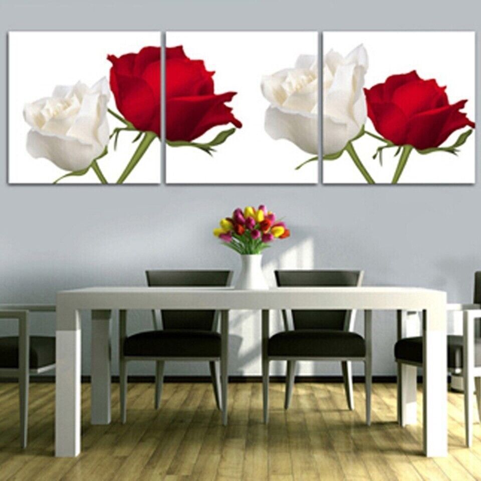 White And Red Rose Flowers 3 Pieces Canvas Print Wall Art Poster Home Decoration