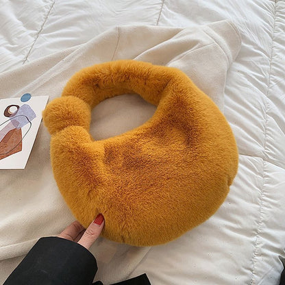 Small Half Moon Bag Warm Plush Bags Furry Short Handle Clutch Cute Handbag Purse