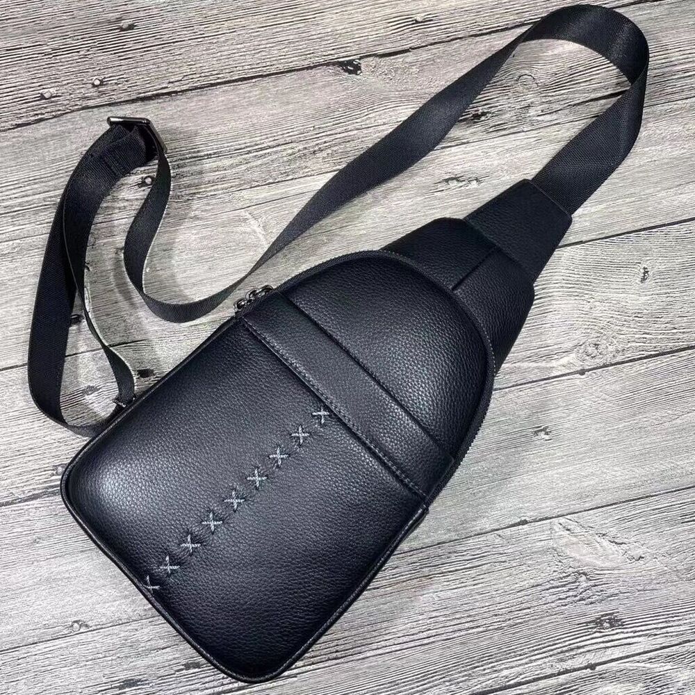Soft Cow Leather Black Crossbody Chest Bag Hiking Sling Backpack Shoulder Bag