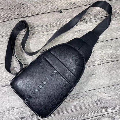 Soft Cow Leather Black Crossbody Chest Bag Hiking Sling Backpack Shoulder Bag
