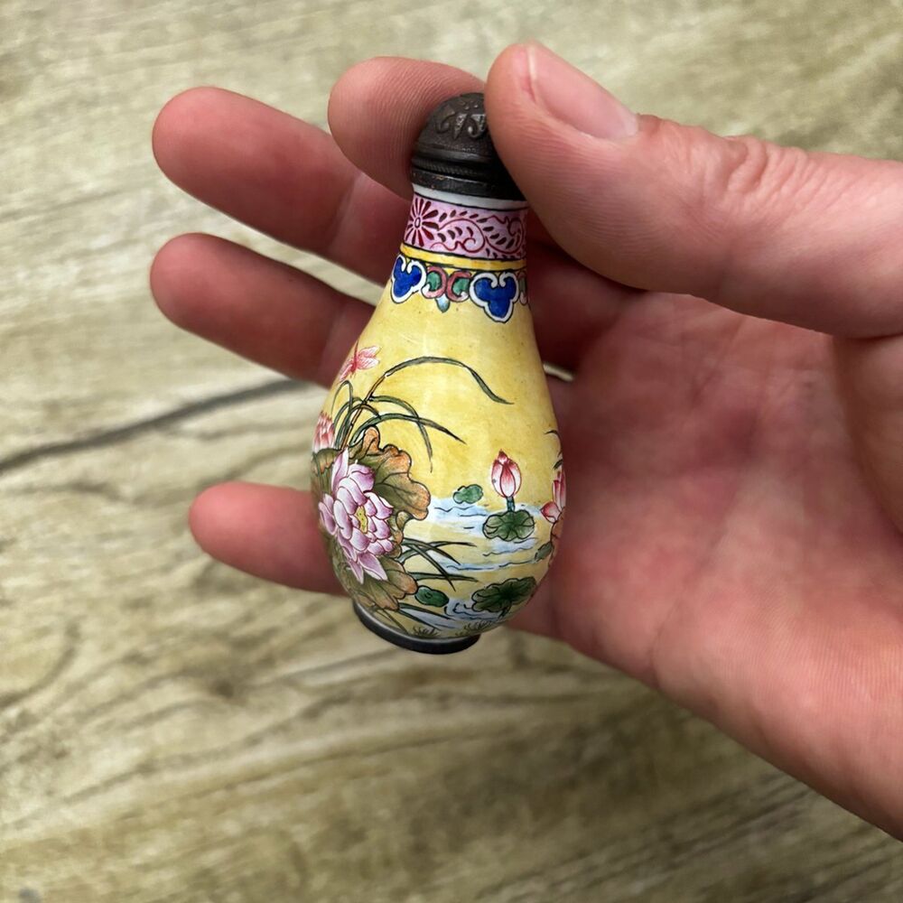 Old Peking Chinese Cloisonne Snuff Bottle Enamel Painted Flower Dragonfly Signed