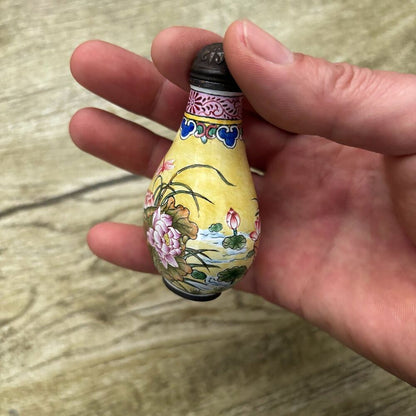 Old Peking Chinese Cloisonne Snuff Bottle Enamel Painted Flower Dragonfly Signed