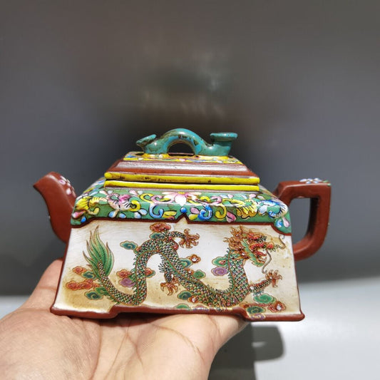 Chinese Yixing Purple Clay Teapot Zisha Ceremony Painted Dragon Phoenix Teaware