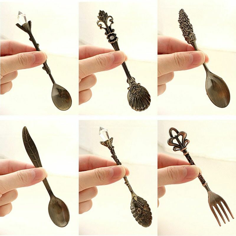 6Pcs/Set Vintage Dessert Spoons Fork 110x20mm Metal Gold Carved Coffee Tea Spoon