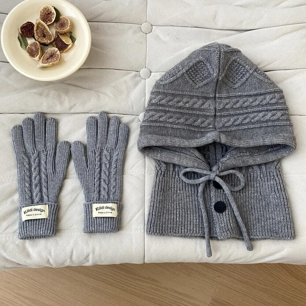 Women Winter Knitted Hat Gloves Set Warm Thicken Imitation Cashmere Scarf Shawls
