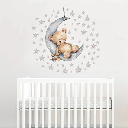 Wall Stickers Cartoon Teddy Bear Sleeping on the Moon Kids Room Baby Decoration