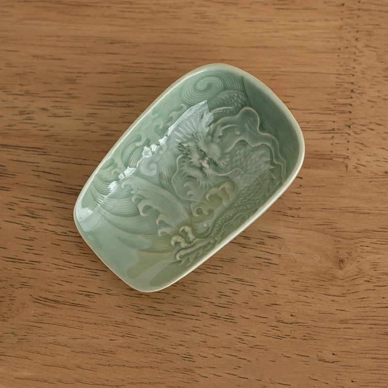 9.6cm Chinese Ceramic Handcarved Dragon Tea Spoon Auspicious Clouds Tea Shovel