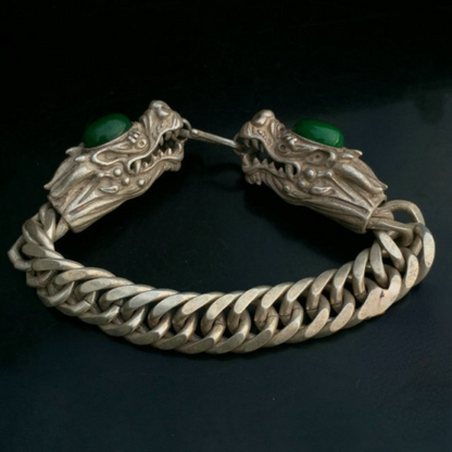 Collectible Chinese Green Jade Tibet Silver Handwork Auspicious Dragon Bracelet