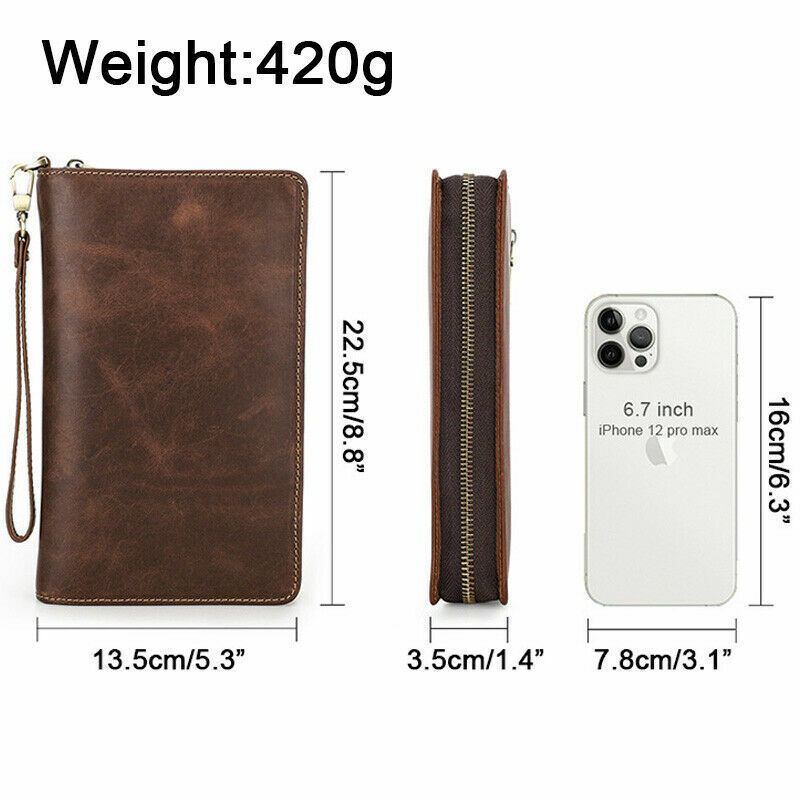 Men Leather Clutch Bag Wallet Zipper Purse Money Card Passport Pens Coins Holder