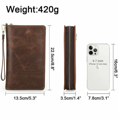 Men Leather Clutch Bag Wallet Zipper Purse Money Card Passport Pens Coins Holder