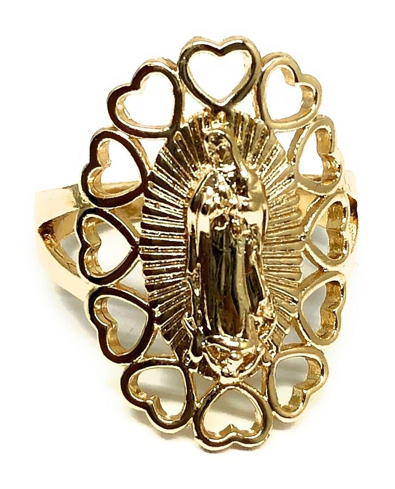 Gold Plated Virgin Mary Heart Ring Virgen De Guadalupe Anillo Corazon Oro Lamina
