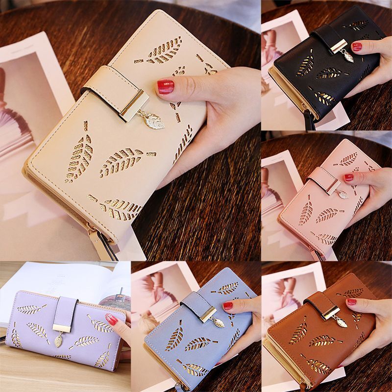 Wallets Hollow Leaf Synthetic Leather Purse Zipper Buckle Wallet Long Cash Bags