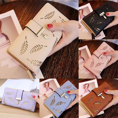 Wallets Hollow Leaf Synthetic Leather Purse Zipper Buckle Wallet Long Cash Bags