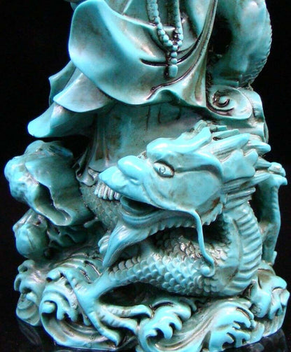 Chinese Turquoise Handmade Carved Statue Kwan-yin Dragon RuYi Exquisite