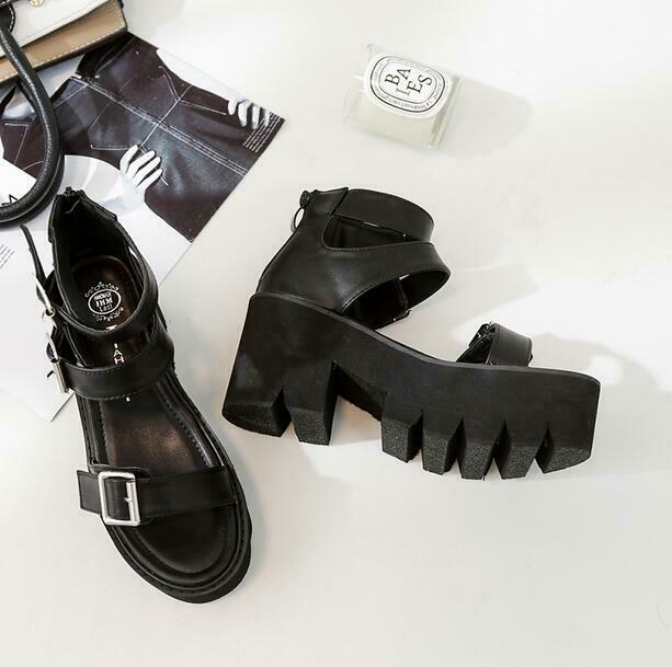 Occident Womens Roma Punk Gothic Open Toe Sandals Chunky Heels Platform Shoes