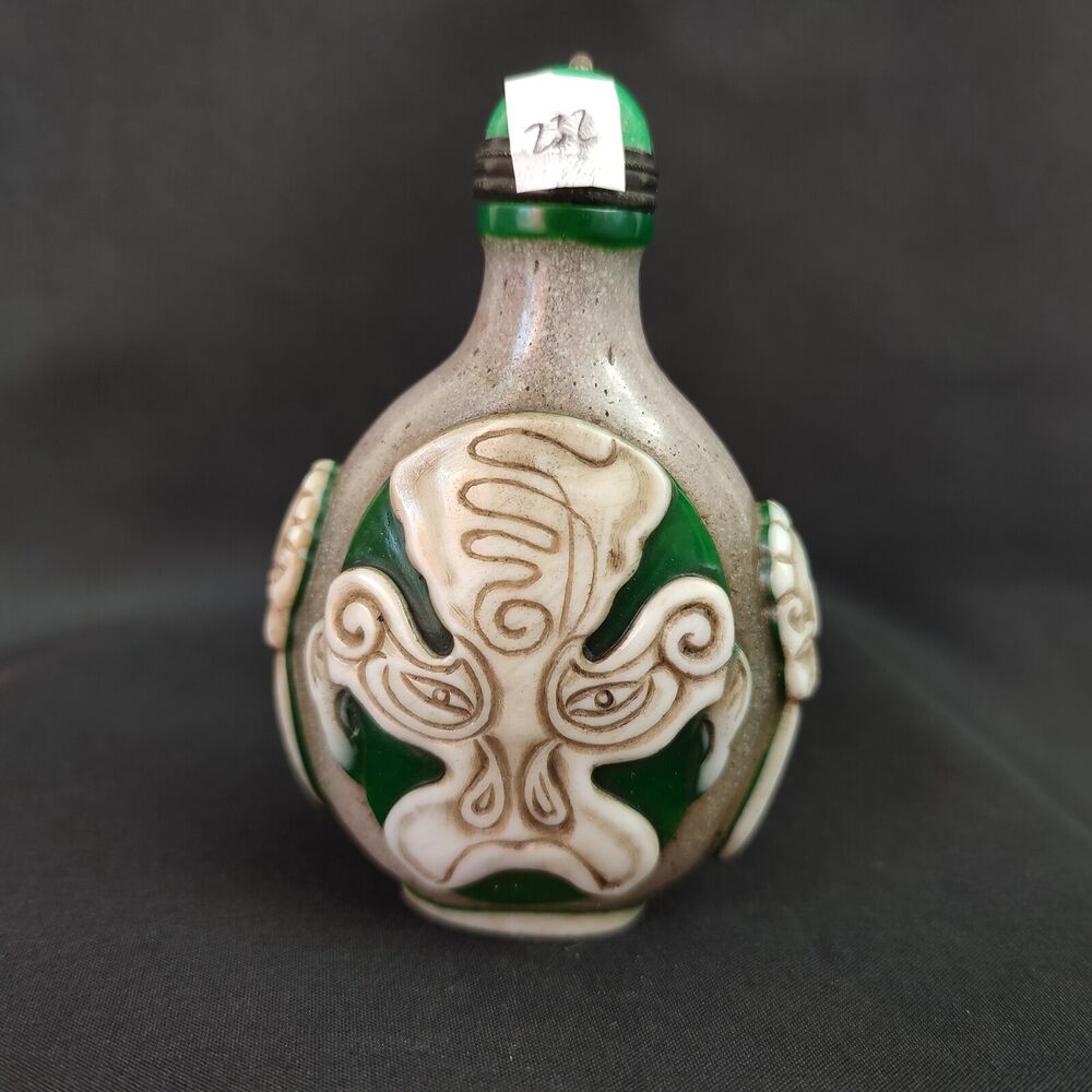 Old Beijing Glass Snuff Bottle box overlay snuffbox mask carved folk art rare