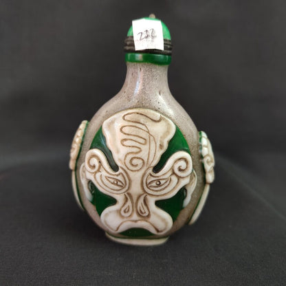 Old Beijing Glass Snuff Bottle box overlay snuffbox mask carved folk art rare
