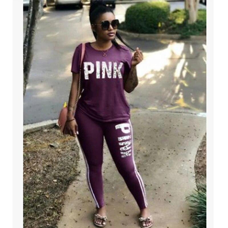 Pink Letter Print 2 Piece Activewear Outfits Jogging Women Fashion Plus Size New