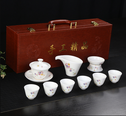 Hand covered bowl tea cup pure white fat jade porcelain gift box set