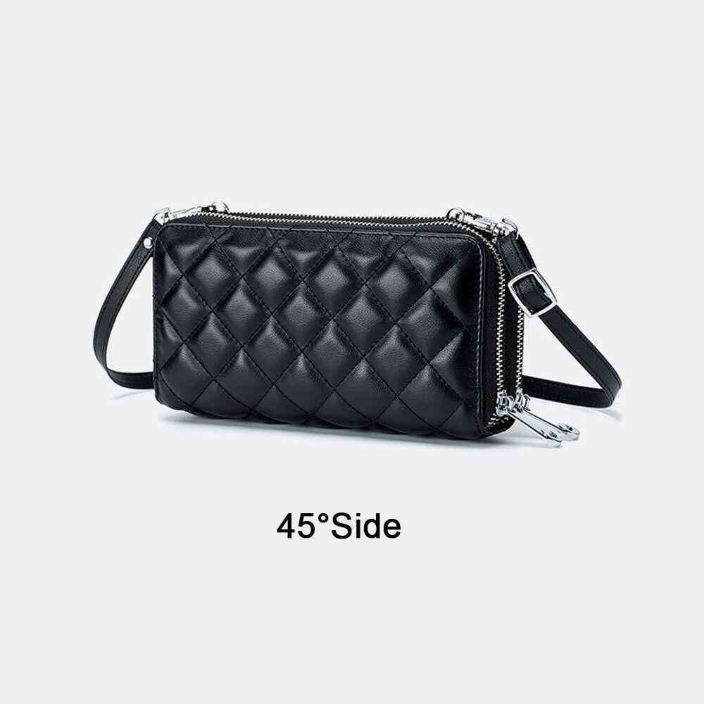 Genuine Leather Women Double Zip Wallet Phone Bag Crossbody Shoulder Pack Black