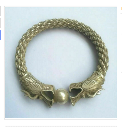 Rare Collectible Antique Tibet Silver Bangle Handwork Auspicious Dragon Bracelet