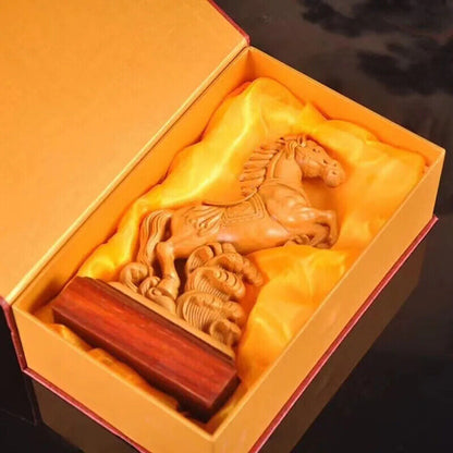 Natural Cypress Animal Horse Statue Carving Of Solid Wood Home Room Office 7.2in