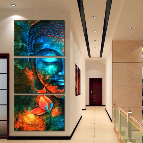Blue Abstract Buddha with Lotus 3 Piece Canvas Print Wall Art Home Decor