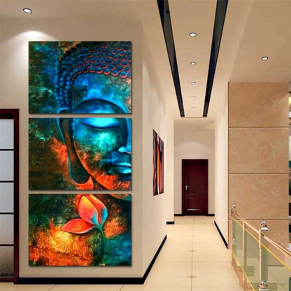 Blue Abstract Buddha with Lotus 3 Piece Canvas Print Wall Art Home Decor