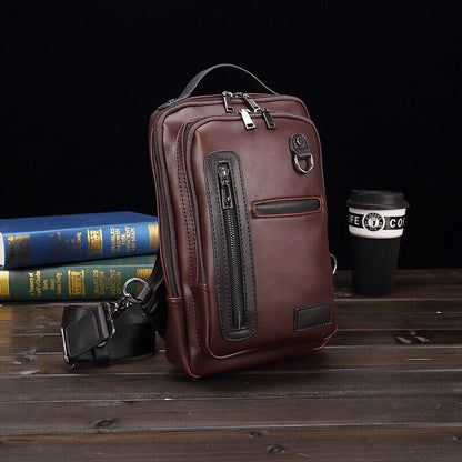 Sling Backpack Men's PU Leather Crossbody Bag Chest Bag Sport Sling Shoulder Bag