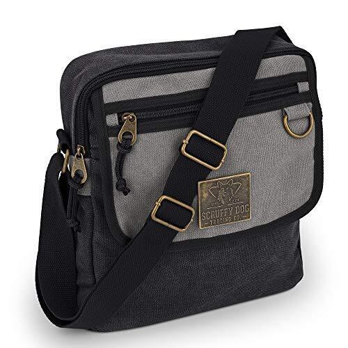 SCRUFFY DOG Canvas Messenger Bag with Adjustable small 11 inch, Black/Grey