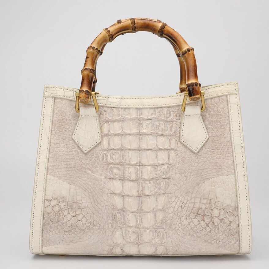 Handcrafted White CrocodileSkin Leather Handbag, Luxury Bamboo Bag for Women