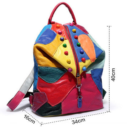 Sheepskin Leather Women's Colorful Blocks Patchwork Backpack Travel Bag Rucksack
